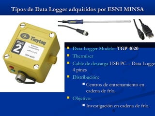 6
Tipos de Data Logger adquiridos por ESNI MINSATipos de Data Logger adquiridos por ESNI MINSA
 Data Logger Modelo:Data Logger Modelo: TGP 4020TGP 4020
 ThermiserThermiser
 Cable de descargaCable de descarga USB PC – Data LoggeUSB PC – Data Logger
4 pines4 pines
 DistribuciónDistribución::
 Centros de entrenamiento enCentros de entrenamiento en
cadena de frío.cadena de frío.
 Objetivo:Objetivo:
 Investigación en cadena de frío.Investigación en cadena de frío.
 