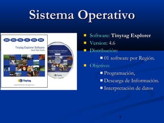 7
Sistema OperativoSistema Operativo
 Software:Software: Tinytag ExplorerTinytag Explorer
 Version:Version: 4.64.6
 DistribuciónDistribución::
 01 software por Región.01 software por Región.
 Objetivo:Objetivo:
 Programación,Programación,
 Descarga de Información.Descarga de Información.
 Interpretación de datosInterpretación de datos
 