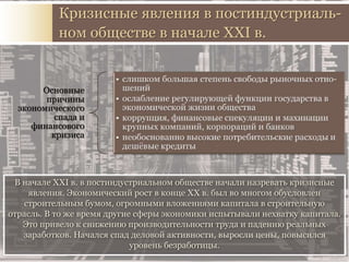В начале XXI в. в постиндустриальном обществе начали назревать кризисные
явления. Экономический рост в конце ХХ в. был во многом обусловлен
строительным бумом, огромными вложениями капитала в строительную
отрасль. В то же время другие сферы экономики испытывали нехватку капитала.
Это привело к снижению производительности труда и падению реальных
заработков. Начался спад деловой активности, выросли цены, повысился
уровень безработицы.
Кризисные явления в постиндустриаль-
ном обществе в начале XXI в.
Основные
причины
экономического
спада и
финансового
кризиса
 