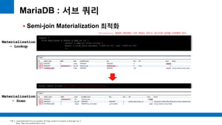 Copyright(c)2014 by ora-sysdba. All Page content is property of dbjongjin.lee 
Blog : http://ora-sysdba.tistory.com/ 
115 
MariaDB : 서브 쿼리 
 Semi-join Materialization 최적화 
select * 
from employees e where e.emp_no in ( 
select t.emp_no from titles t 
where t.from_date between '1995-01-01' and '1995-01-30' 
); 
IN(subquery) 형태의 쿼리에서 서브 쿼리는 반드시 유니크한 값만을 리턴해야 한다. 
alter table titles add index ix_formdate(from_date); 
Materialization 
- Lookup 
Materialization 
- Scan 
 