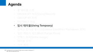 Copyright(c)2014 by ora-sysdba. All Page content is property of dbjongjin.lee 
Blog : http://ora-sysdba.tistory.com/ 
38 
Agenda 
• 풀 테이블 스캔 
• ORDER BY 처리(Using filesort) 
• GROUP BY 처리 
• DISTINCT 처리 
• 임시 테이블(Using Temporary) 
• 인덱스 컨디션 푸시다운(Index Condition Pushdown, ICP) 
• 멀티 레인지 리드(Multi Range Read) 
• 인덱스 머지(Index merge) 
• 테이블 조인 
• 서브 쿼리 
 