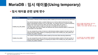 Copyright(c)2014 by ora-sysdba. All Page content is property of dbjongjin.lee 
Blog : http://ora-sysdba.tistory.com/ 
42 
MariaDB : 임시 테이블(Using temporary) 
 임시 테이블 관련 상태 변수 
Variable Name Description 
Created_tmp_disk_tables 
The number of internal on-disk temporary tables created by the server while executing statements. 
If an internal temporary table is created initially as an in-memory table but becomes too large, 
MySQL automatically converts it to an on-disk table. The maximum size for in-memory temporary 
tables is the minimum of the tmp_table_size and max_heap_table_size values. If 
Created_tmp_disk_tables is large, you may want to increase the tmp_table_size or 
max_heap_table_size value to lessen the likelihood that internal temporary tables in memory will 
be converted to on-disk tables. 
You can compare the number of internal on-disk temporary tables created to the total number of 
internal temporary tables created by comparing the values of the Created_tmp_disk_tables and 
Created_tmp_tables variables. 
Created_tmp_tables 
The number of internal temporary tables created by the server while executing statements. 
You can compare the number of internal on-disk temporary tables created to the total number of 
internal temporary tables created by comparing the values of the Created_tmp_disk_tables and 
Created_tmp_tables variables. 
쿼리의 처리를 위해 만들어진 내부 임시 
테이블 개수를 누적하는 상태 값 
(메모리, 디스크 생성 구분 않고 누적 깂) 
디스크에 내부 임시 테이블이 만들어진 
개수만 누적해서 가지고 있는 상태 값 
 
