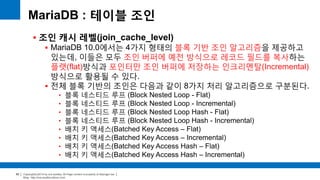 Copyright(c)2014 by ora-sysdba. All Page content is property of dbjongjin.lee 
Blog : http://ora-sysdba.tistory.com/ 
85 
MariaDB : 테이블 조인 
 조인 캐시 레벨(join_cache_level) 
 MariaDB 10.0에서는 4가지 형태의 블록 기반 조인 알고리즘을 제공하고 
있는데, 이들은 모두 조인 버퍼에 예전 방식으로 레코드 필드를 복사하는 
플랫(flat)방식과 포인터만 조인 버퍼에 저장하는 인크리멘탈(Incremental) 
방식으로 활용될 수 있다. 
 전체 블록 기반의 조인은 다음과 같이 8가지 처리 알고리즘으로 구분된다. 
• 블록 네스티드 루프 (Block Nested Loop - Flat) 
• 블록 네스티드 루프 (Block Nested Loop - Incremental) 
• 블록 네스티드 루프 (Block Nested Loop Hash - Flat) 
• 블록 네스티드 루프 (Block Nested Loop Hash - Incremental) 
• 배치 키 액세스(Batched Key Access – Flat) 
• 배치 키 액세스(Batched Key Access – Incremental) 
• 배치 키 액세스(Batched Key Access Hash – Flat) 
• 배치 키 액세스(Batched Key Access Hash – Incremental) 
 
