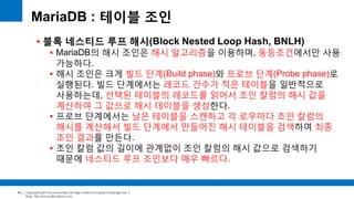 Copyright(c)2014 by ora-sysdba. All Page content is property of dbjongjin.lee 
Blog : http://ora-sysdba.tistory.com/ 
93 
MariaDB : 테이블 조인 
 블록 네스티드 루프 해시(Block Nested Loop Hash, BNLH) 
 MariaDB의 해시 조인은 해시 알고리즘을 이용하며, 동등조건에서만 사용 
가능하다. 
 해시 조인은 크게 빌드 단계(Build phase)와 프로브 단계(Probe phase)로 
실행된다. 빌드 단계에서는 레코드 건수가 적은 테이블을 일반적으로 
사용하는데, 선택된 테이블의 레코드를 읽어서 조인 칼럼의 해시 값을 
계산하여 그 값으로 해시 테이블을 생성한다. 
 프로브 단계에서는 남은 테이블을 스캔하고 각 로우마다 조인 칼럼의 
해시를 계산해서 빌드 단계에서 만들어진 해시 테이블을 검색하여 최종 
조인 결과를 만든다. 
 조인 칼럼 값의 길이에 관계없이 조인 칼럼의 해시 값으로 검색하기 
때문에 네스티드 루프 조인보다 매우 빠르다. 
 