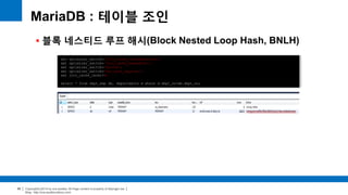 Copyright(c)2014 by ora-sysdba. All Page content is property of dbjongjin.lee 
Blog : http://ora-sysdba.tistory.com/ 
95 
MariaDB : 테이블 조인 
 블록 네스티드 루프 해시(Block Nested Loop Hash, BNLH) 
set optimizer_switch='join_cache_incremental=on'; 
set optimizer_switch='join_cache_hashed=on'; 
set optimizer_switch='mrr=on'; 
set optimizer_switch='mrr_sort_keys=on'; 
set join_cache_level=8; 
select * from dept_emp de, departments d where d.dept_no=de.dept_no; 
 