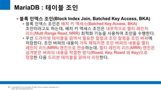 Copyright(c)2014 by ora-sysdba. All Page content is property of dbjongjin.lee 
Blog : http://ora-sysdba.tistory.com/ 
96 
MariaDB : 테이블 조인 
 블록 인덱스 조인(Block Index Join, Batched Key Access, BKA) 
 블록 인덱스 조인은 배치 키 액세스(Batched Key Access, BKA) 
조인이라고도 하는데, 배치 키 액세스 조인은 내부적으로 멀티 레인지 
리드(Multi Range Read, MRR) 최적화 기능을 사용하여 조인을 수행한다. 
 우선 드라이빙 테이블을 읽어서 필요한 칼럼과 조인 칼럼을 조인 버퍼에 
저장한다. 조인 버퍼의 내용이 가득 채워지면 조인 버퍼의 내용을 멀티 
레인지 리드(MRR) 엔진으로 전송하는데, 멀티 레인지 리드(MRR) 엔진은 
넘겨받은 버퍼의 내용을 적절한 방식(Rowid, Key, Rowid 와 Key)으로 
정렬한 다음 드리븐 테이블을 읽어서 리턴한다. 
 