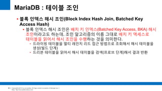 Copyright(c)2014 by ora-sysdba. All Page content is property of dbjongjin.lee 
Blog : http://ora-sysdba.tistory.com/ 
98 
MariaDB : 테이블 조인 
 블록 인덱스 해시 조인(Block Index Hash Join, Batched Key 
Access Hash) 
 블록 인덱스 해시 조인은 배치 키 인덱스(Batched Key Access, BKA) 해시 
조인이라고도 하는데, 조인 알고리즘의 이름 그대로 배치 키 액세스로 
테이블을 읽어서 해시 조인을 수행하는 것을 의미한다. 
• 드라이빙 테이블을 멀티 레인지 리드 접근 방법으로 조회해서 해시 테이블을 
생성(빌드 단계) 
• 드리븐 테이블을 읽어서 해시 테이블을 검색(프로브 단계)해서 결과 반환 
 