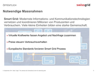 ÖFFENTLICH 
Notwendige Massnahmen 
5. September 2014 / Marc Vogel / The national and international vision for electricity grids 
9 
Smart Grid: Modernste Informations- und Kommunikationstechnologien 
vernetzen und koordinieren Millionen von Produzenten und 
Verbrauchern. Viele kleine Einheiten bilden eine starke Gemeinschaft. 
» Virtuelle Kraftwerke fassen Angebot und Nachfrage zusammen 
» Preise steuern Verbrauchsverhalten 
» Europäische Standards forcieren Smart Grid Prozess 
 