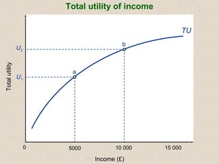 TU
5000 10 000 15 0000
U2
U1
a
b
Income (£)
Totalutility Total utility of income
 