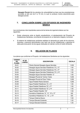 “AMPLIACION Y MEJORAMIENTO DE SERVICIOS EDUCATIVOS EN LA INSTITUCION EDUCATIVA 
SECUNDARIA CABANILLAS , DISTRITO DE CABANILLAS - SAN ROMAN – PUNO” 
MEMORIA 
DESCRIPTIVA 
DE ESTRUCTURAS 
Desagüe Pluvial.-De los estudios de vulnerabilidad se tiene que las precipitaciones 
promedio al año son de 5 a 15 mm, lo cual no produce mucha escorrentía para 
desagüe pluvial. 
7. CONCLUSIÓN SOBRE LOS ESTUDIOS DE INGENIERÍA 
BÁSICA 
Las conclusiones más importantes acerca de los temas de ingeniería básica son los 
siguientes: 
 Existe coherencia entre el diseño arquitectónico, el planteamiento del Proyecto de 
Instalaciones Sanitarias, convirtiendo al proyecto en un elemento integral y funcional. 
 El sistema de instalaciones sanitarias satisface la demanda por parte de los alumnos, 
docentes y personal administrativo que hará uso de las instalaciones y garantiza la 
adecuada evacuación de las aguas residuales sin atentar contra el medio ambiente. 
8. RELACION DE PLANOS 
Los planos que conforman el Proyecto de Instalaciones Sanitarias son los siguientes: 
CODIGO 
DE 
PLANO 
Nº DE 
LAMINA 
DESCRIPCIÓN ESCALA 
IS-01 Planta General Desagüe Aguas Servidas 1:200 
IS-02 Desagüe Aguas Servidas Pabellones “A” y “C” 1:50 
IS-03 Desagüe Aguas Servidas Pabellones “D” y “F” 1:50 
IS-04 Desagüe Aguas Servidas Pabellones “G” y “H” 1:50 
IS-05 Desagüe Aguas Servidas Pabellón “2” 1:50 
IS-06 Desagüe Pluvial de Techos Todos 1:200 
IS-07 Desagüe Pluvial de Pisos Todos 1:200 
IS-08 Agua Potable Planta General 1:200 
IS-09 Agua Potable Pabellones “A” y “C” 1:50 
IS-10 Agua Potable Pabellones “D” y “F” 1:50 
IS-11 Agua Potable Pabellones “G” y “H” 1:50 
IS-12 Agua Potable Pabellón “02” 1:50 
IS-13 Isométrico Pabellones “A”, “C”, “D” y “F” S/E 
IS-14 Isométrico Pabellones “C”, “G”, y “H” S/E 
IS-15 Tanque Cisterna Nuevo 1:50 
IS-16 Tanque Elevado Existente 1:25 
IS-17 Tanque Elevado Existente 1:25 
Municipalidad Distrital De Cabanillas 2 
 