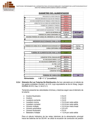 ”SUSTITUCION Y REFORZAMIENTO DE LA INFRAESTRUCTURA, DOTACION DE MOBILIARIO Y EQUIPAMIENTO DE LA INSTITUCION EDUCATIVA N° 
54004 FRAY ARMANDO BONIFAZ-ABANCAY-ABANCAY-APURIMAC” 
M 
e 
d 
i 
d 
o 
r 
= 
Ø 
= 
1 
” 
( 
a 
DIAMETRO DEL ALIMENTADOR 
PRESION DE LA RED PUBLICA = 18.00 m 
PRESION MINIMA DE SALIDA EN TANQUE = 2.00 m 
ALTURA GEOMETRICA DE TANQUE A RED PUBLICA = 1.00 m 
LONGITUD DE LA LINEA DE ALIMENTACION = 15.00 m 
TIEMPO DE LLENADO A TANQUE = 06 Horas 
VOLUMEN DEL TANQUE = 47.00 m³ 
COEFICIENTE DE RUGOSIDAD "C" (PVC) = 150.00 
GASTO DE ENTRADA (Q) 2.18 lts/s 28.72 gpm 
PERDIDA DE CARGA DISPONIBLE (H) 15.00 m 21.33 lbs/pulg² 
MAXIMA PERDIDA DE CARGA DEL MEDIDOR AL 50% (H') 7.50 10.67 lbs/pulg² 
MEDIDOR SELECCIONADO PARA LA RED 1 '' 
PERDIDA DE CARGA EN EL MEDIDOR SELECCIONADO (H") 10.20 lbs/pulg² 7.17 m 
CARGA DISPONIBLE (H) 11.13 lbs/pulg² 7.83 m 
TUBERIA DE ALIMENTACION PARA LA RED 1 1/2 '' 
LONGITUD TOTAL EQUIVALENTE 19.15 m 
s 
u 
s 
t 
i 
t 
u 
i 
r 
) 
Alimentador = Ø = 1 ½” (a sustituir) 
01 VALVULAS CHECK 1 1/2" 3.21 m 
01 VALVULAS COMPUERTA 1 1/2" 0.33 m 
01 TEE 1 1/2" 3.11 m 
01 TEE 4" 8.18 m 
02 CODO 90° 1 1/2" 4.32 m 
LONGITUD TOTAL 34.15 m 
PERDIDA DE CARGA REAL 6.47 m OK 
6.5.4 Diámetro De Las Tuberías De Distribución.-Se han calculado por el método de 
los gastos probables (Hunter), en U.H, cuyo equivalente se da en lt/seg. (según 
NORMA IS.010, Cap. 2, Art.2.3, f) 
Teniendo presente las velocidades mínimas y máximas según sea el diámetro de 
la tubería; 
 Inodoro fluxómetro = 8 U.H 
 Inodoro = 5 U.H 
 Lavatorio corriente = 2 U.H 
 Lavadero cocina = 3 U.H por cada salida 
 Lavadero comedor = 4 U.H por cada salida 
 Urinario múltiple = 3 U.H por metro lineal 
 Urinario automática = 2,5 U.H 
 Urinario fluxómetro = 5 U.H 
 Bebedero múltiple = 1 U.H por cada salida 
Para el cálculo hidráulico de las redes interiores de la alimentación principal 
hacia las baterías de los SS.HH. se utilizó la ecuación de conductos de presión 
 