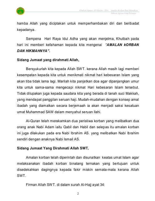 03.10.2014 khutbah jumaat amalan korban dan hikmahnya