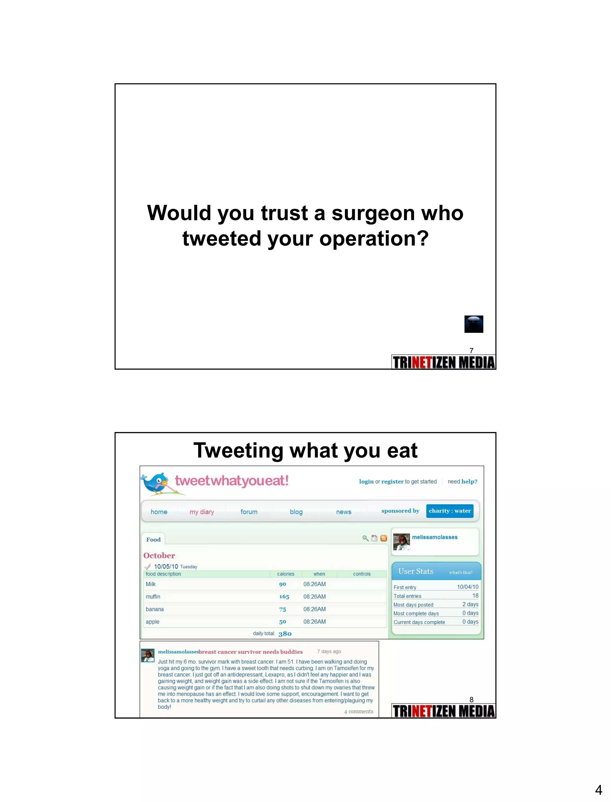 4 
7 
Would you trust a surgeon who tweeted your operation? 
8 
Tweeting what you eat  