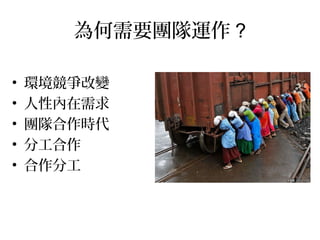 為何需要團隊運作? 
• 環境競爭改變 
• 人性內在需求 
• 團隊合作時代 
• 分工合作 
• 合作分工 
 