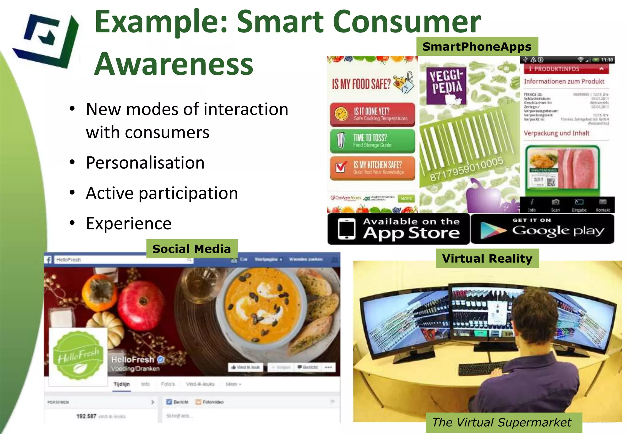 Example: Smart Consumer 
Awareness 
• New modes of interaction 
with consumers 
• Personalisation 
• Active participation 
• Experience 
Virtual Reality 
The Virtual Supermarket 
Social Media 
SmartPhoneApps 
 