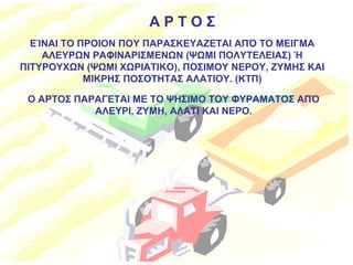 Α Ρ Τ Ο Σ 
ΕΊΝΑΙ ΤΟ ΠΡΟΙΟΝ ΠΟΥ ΠΑΡΑΣΚΕΥΑΖΕΤΑΙ ΑΠΌ ΤΟ ΜΕΙΓΜΑ 
ΑΛΕΥΡΩΝ ΡΑΦΙΝΑΡΙΣΜΕΝΩΝ (ΨΩΜΙ ΠΟΛΥΤΕΛΕΙΑΣ) Ή 
ΠΙΤΥΡΟΥΧΩΝ (ΨΩΜΙ ΧΩΡΙΑΤΙΚΟ), ΠΟΣΙΜΟΥ ΝΕΡΟΥ, ΖΥΜΗΣ ΚΑΙ 
ΜΙΚΡΗΣ ΠΟΣΟΤΗΤΑΣ ΑΛΑΤΙΟΥ. (ΚΤΠ) 
Ο ΑΡΤΟΣ ΠΑΡΑΓΕΤΑΙ ΜΕ ΤΟ ΨΗΣΙΜΟ ΤΟΥ ΦΥΡΑΜΑΤΟΣ ΑΠΌ 
ΑΛΕΥΡΙ, ΖΥΜΗ, ΑΛΑΤΙ ΚΑΙ ΝΕΡΟ. 
 