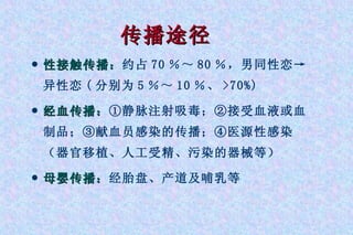 传播途径   性接触传播： 约占 70 ％～ 80 ％，男同性恋->异性恋 ( 分别为 5 ％～ 10 ％、 >70%) 经血传播： ①静脉注射吸毒；②接受血液或血制品；③献血员感染的传播；④医源性感染（器官移植、人工受精、污染的器械等） 母婴传播： 经胎盘、产道及哺乳等 