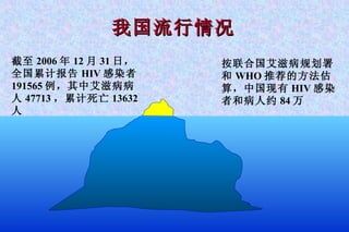 我国流行情况 截至 2006 年 12 月 31 日，全国累计报告 HIV 感染者 191565 例，其中艾滋病病人 47713 ，累计死亡 13632 人   按联合国艾滋病规划署和 WHO 推荐的方法估算，中国现有 HIV 感染者和病人约 84 万 