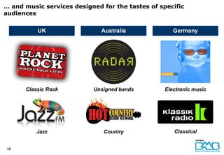 … and music services designed for the tastes of specific
audiences


          UK                  Australia             Germany




      Classic Rock         Unsigned bands        Electronic music




          Jazz                 Country              Classical


10
 