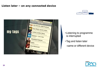 Listen later – on any connected device




                                         • Listening to programme
                                           is interrupted

                                         • Tag and listen later
                                          -same or different device




20
 