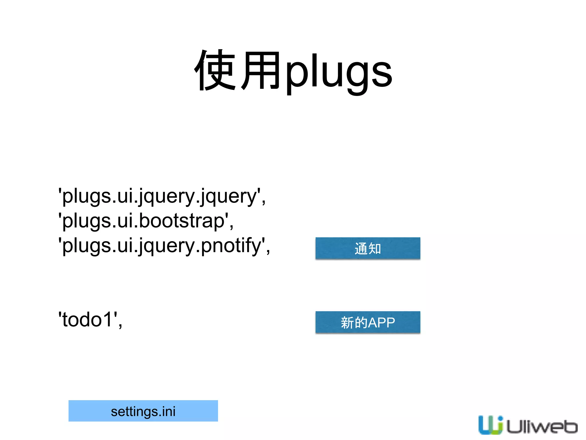 使用plugs
'plugs.ui.jquery.jquery',
'plugs.ui.bootstrap',
'plugs.ui.jquery.pnotify',
'todo1',
settings.ini
通知
新的APP
 