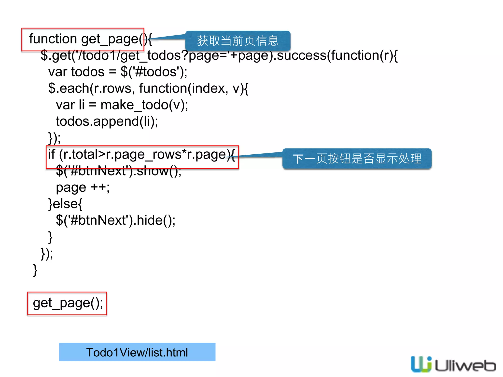 Todo1View/list.html
function get_page(){
$.get('/todo1/get_todos?page='+page).success(function(r){
var todos = $('#todos');
$.each(r.rows, function(index, v){
var li = make_todo(v);
todos.append(li);
});
if (r.total>r.page_rows*r.page){
$('#btnNext').show();
page ++;
}else{
$('#btnNext').hide();
}
});
}
get_page();
获取当前页信息
下一页按钮是否显示处理
 