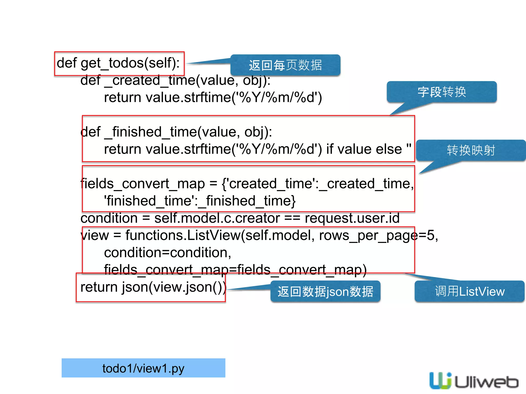 def get_todos(self):
def _created_time(value, obj):
return value.strftime('%Y/%m/%d')
def _finished_time(value, obj):
return value.strftime('%Y/%m/%d') if value else ''
fields_convert_map = {'created_time':_created_time,
'finished_time':_finished_time}
condition = self.model.c.creator == request.user.id
view = functions.ListView(self.model, rows_per_page=5,
condition=condition,
fields_convert_map=fields_convert_map)
return json(view.json())
todo1/view1.py
返回每页数据
字段转换
返回数据json数据
转换映射
调用ListView
 