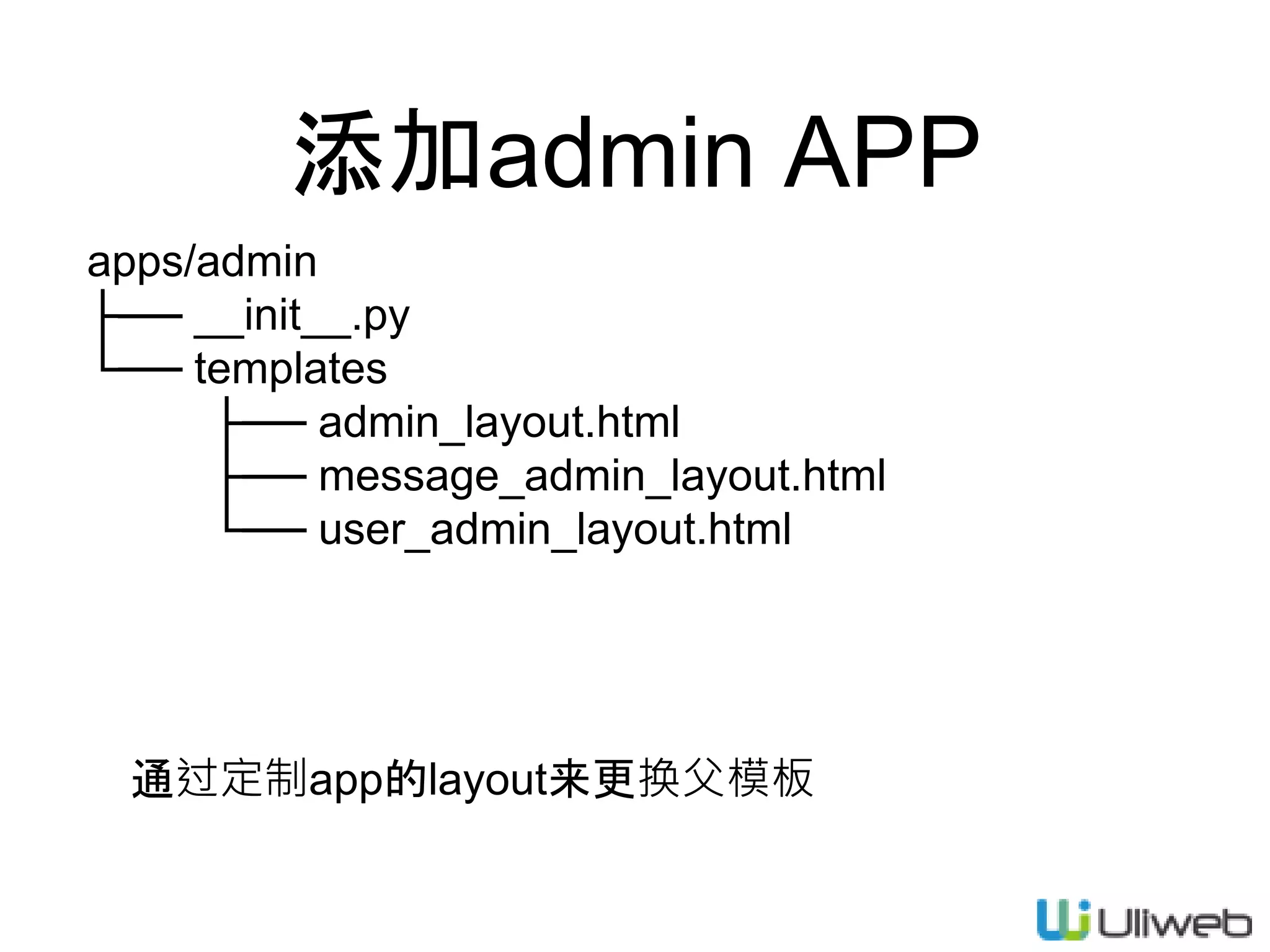 添加admin APP
apps/admin
├── __init__.py
└── templates
├── admin_layout.html
├── message_admin_layout.html
└── user_admin_layout.html
通过定制app的layout来更换父模板
 