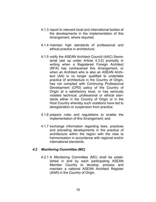 10
4.1.3 report to relevant local and international bodies of
the developments in the implementation of this
Arrangement, where required;
4.1.4 maintain high standards of professional and
ethical practice in architecture;
4.1.5 notify the ASEAN Architect Council (AAC) Secre-
tariat (set up under Article 4.3.5) promptly in
writing when a Registered Foreign Architect
(RFA) has contravened this Arrangement, or
when an Architect who is also an ASEAN Archi-
tect (AA) is no longer qualified to undertake
practice of architecture in the Country of Origin,
has not complied with Continuing Professional
Development (CPD) policy of the Country of
Origin at a satisfactory level, or has seriously
violated technical, professional or ethical stan-
dards either in the Country of Origin or in the
Host Country whereby such violations have led to
deregistration or suspension from practice;
4.1.6 prepare rules and regulations to enable the
implementation of this Arrangement; and
4.1.7 exchange information regarding laws, practices
and prevailing developments in the practice of
architecture within the region with the view to
harmonisation in accordance with regional and/or
international standards.
4.2 Monitoring Committee (MC)
4.2.1 A Monitoring Committee (MC) shall be estab-
lished in and by each participating ASEAN
Member Country to develop, process and
maintain a national ASEAN Architect Register
(AAR) in the Country of Origin.
 
