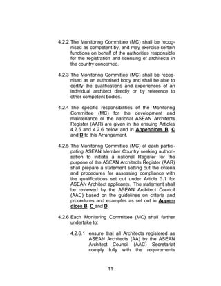 11
4.2.2 The Monitoring Committee (MC) shall be recog-
nised as competent by, and may exercise certain
functions on behalf of the authorities responsible
for the registration and licensing of architects in
the country concerned.
4.2.3 The Monitoring Committee (MC) shall be recog-
nised as an authorised body and shall be able to
certify the qualifications and experiences of an
individual architect directly or by reference to
other competent bodies.
4.2.4 The specific responsibilities of the Monitoring
Committee (MC) for the development and
maintenance of the national ASEAN Architects
Register (AAR) are given in the ensuing Articles
4.2.5 and 4.2.6 below and in Appendices B, C
and D to this Arrangement.
4.2.5 The Monitoring Committee (MC) of each partici-
pating ASEAN Member Country seeking authori-
sation to initiate a national Register for the
purpose of the ASEAN Architects Register (AAR)
shall prepare a statement setting out the criteria
and procedures for assessing compliance with
the qualifications set out under Article 3.1 for
ASEAN Architect applicants. The statement shall
be reviewed by the ASEAN Architect Council
(AAC) based on the guidelines on criteria and
procedures and examples as set out in Appen-
dices B, C and D.
4.2.6 Each Monitoring Committee (MC) shall further
undertake to:
4.2.6.1 ensure that all Architects registered as
ASEAN Architects (AA) by the ASEAN
Architect Council (AAC) Secretariat
comply fully with the requirements
 