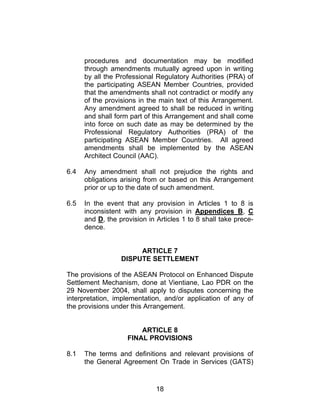 18
procedures and documentation may be modified
through amendments mutually agreed upon in writing
by all the Professional Regulatory Authorities (PRA) of
the participating ASEAN Member Countries, provided
that the amendments shall not contradict or modify any
of the provisions in the main text of this Arrangement.
Any amendment agreed to shall be reduced in writing
and shall form part of this Arrangement and shall come
into force on such date as may be determined by the
Professional Regulatory Authorities (PRA) of the
participating ASEAN Member Countries. All agreed
amendments shall be implemented by the ASEAN
Architect Council (AAC).
6.4 Any amendment shall not prejudice the rights and
obligations arising from or based on this Arrangement
prior or up to the date of such amendment.
6.5 In the event that any provision in Articles 1 to 8 is
inconsistent with any provision in Appendices B, C
and D, the provision in Articles 1 to 8 shall take prece-
dence.
ARTICLE 7
DISPUTE SETTLEMENT
The provisions of the ASEAN Protocol on Enhanced Dispute
Settlement Mechanism, done at Vientiane, Lao PDR on the
29 November 2004, shall apply to disputes concerning the
interpretation, implementation, and/or application of any of
the provisions under this Arrangement.
ARTICLE 8
FINAL PROVISIONS
8.1 The terms and definitions and relevant provisions of
the General Agreement On Trade in Services (GATS)
 