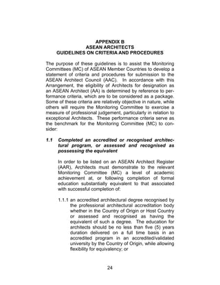 24
APPENDIX B
ASEAN ARCHITECTS
GUIDELINES ON CRITERIA AND PROCEDURES
The purpose of these guidelines is to assist the Monitoring
Committees (MC) of ASEAN Member Countries to develop a
statement of criteria and procedures for submission to the
ASEAN Architect Council (AAC). In accordance with this
Arrangement, the eligibility of Architects for designation as
an ASEAN Architect (AA) is determined by reference to per-
formance criteria, which are to be considered as a package.
Some of these criteria are relatively objective in nature, while
others will require the Monitoring Committee to exercise a
measure of professional judgement, particularly in relation to
exceptional Architects. These performance criteria serve as
the benchmark for the Monitoring Committee (MC) to con-
sider:
1.1 Completed an accredited or recognised architec-
tural program, or assessed and recognised as
possessing the equivalent
In order to be listed on an ASEAN Architect Register
(AAR), Architects must demonstrate to the relevant
Monitoring Committee (MC) a level of academic
achievement at, or following completion of formal
education substantially equivalent to that associated
with successful completion of:
1.1.1 an accredited architectural degree recognised by
the professional architectural accreditation body
whether in the Country of Origin or Host Country
or assessed and recognised as having the
equivalent of such a degree. The education for
architects should be no less than five (5) years
duration delivered on a full time basis in an
accredited program in an accredited/validated
university by the Country of Origin, while allowing
flexibility for equivalency; or
 