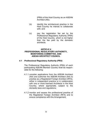 9
(PRA) of the Host Country as an ASEAN
Architect (AA);
(b) identify the architectural practice in the
Host Country he intends to collaborate
with; and
(c) pay the registration fee set by the
Professional Regulatory Authority (PRA)
of the Host Country, which is not higher
than the fee paid by the domestic
architects.
ARTICLE 4
PROFESSIONAL REGULATORY AUTHORITY,
MONITORING COMMITTEE, AND
ASEAN ARCHITECT COUNCIL
4.1 Professional Regulatory Authority (PRA)
The Professional Regulatory Authority (PRA) of each
participating ASEAN Member Country shall be respon-
sible for the following:
4.1.1 consider applications from the ASEAN Architect
(AA) and authorise the ASEAN Architect (AA) to
practise as a Registered Foreign Architect (RFA),
either in independent practice or in collaboration
with one or more licensed Architects in the Host
Country, where appropriate, subject to the
domestic laws and regulations;
4.1.2 monitor and assess the professional practice of
the Registered Foreign Architect (RFA) and to
ensure compliance with this Arrangement;
 