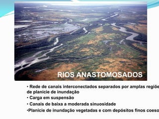 • Rede de canais interconectados separados por amplas regiõe
de planície de inundação
• Carga em suspensão
• Canais de baixa a moderada sinuosidade
•Planície de inundação vegetadas e com depósitos finos coeso
RIOS ANASTOMOSADOS
 
