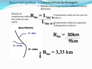 Bacia Hidrográfica  Características da drenagem
 Relação entre comprimentos médios de ordens
diferentes
Rlm = Lmc n
Lmc n-1
Relação do
comprimento médio
dos canais de uma
ordem
Comprimento médio de um curso de
ordem n
Comprimento médio de segmentos
subsequentes à ordem n
Rlm = 30km
9km
Rlm = 3,33 km
 
