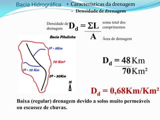 Bacia Hidrográfica  Características da drenagem
 Densidade de drenagem
Dd = SL
A
Densidade de
drenagem
soma total dos
comprimentos
Área de drenagem
Dd = 0,68Km/Km²
Dd = 48
70
Km
Km²
Baixa (regular) drenagem devido a solos muito permeáveis
ou escassez de chuvas.
 