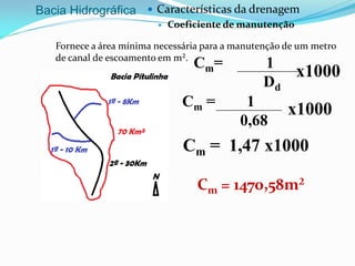 Bacia Hidrográfica  Características da drenagem
 Coeficiente de manutenção
Fornece a área mínima necessária para a manutenção de um metro
de canal de escoamento em m².
Cm= 1
Dd
Cm = 1
0,68
Cm = 1,47 x1000
Cm = 1470,58m²
x1000
x1000
 