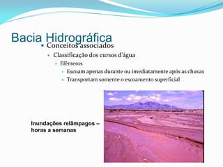 Bacia Hidrográfica Conceitos associados
 Classificação dos cursos d’água
 Efêmeros
 Escoam apenas durante ou imediatamente após as chuvas
 Transportam somente o escoamento superficial
Inundações relâmpagos –
horas a semanas
 