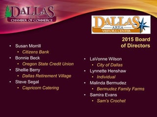 2015 Board
of Directors• Susan Morrill
• Citizens Bank
• Bonnie Beck
• Oregon State Credit Union
• Shellie Berry
• Dallas Retirement Village
• Steve Segal
• Capricorn Catering
• LaVonne Wilson
• City of Dallas
• Lynnette Henshaw
• Individual
• Malinda Bermudez
• Bermudez Family Farms
• Samira Evans
• Sam’s Crochet
 