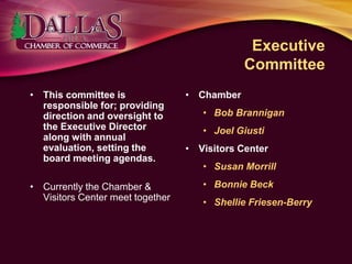 Executive
Committee
• This committee is
responsible for; providing
direction and oversight to
the Executive Director
along with annual
evaluation, setting the
board meeting agendas.
• Currently the Chamber &
Visitors Center meet together
• Chamber
• Bob Brannigan
• Joel Giusti
• Visitors Center
• Susan Morrill
• Bonnie Beck
• Shellie Friesen-Berry
 