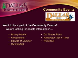 Community Events
Want to be a part of the Community Events?
We are looking for people interested in…
• Bounty Market
• Freedomfest
• Sounds of Summer
• Summerfest
• Old Timers Picnic
• Halloween Trick-n-Treat
• Winterfest
 