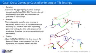 4G LTE – Drivetest and Coverage Analysis| Page 19
Case: Cross Coverage Caused by Improper Tilt Settings
 Symptom
As shown in the upper right figure, cross coverage
occurs in a cell whose PCI is 288. Therefore, the cell
interferes with other cells, which increases the
probability of service drops.
 Analysis
The most possible cause for cross coverage is
excessively antenna height or improper tilt settings.
According to a check on the current engineering
parameter settings, the tilt is set to an excessively
small value. Therefore, it is recommended that the tilt
be increased.
 Solution
Adjust the tilt of cell 288 from 3 to 6. As shown in the
lower right figure, cross coverage of cell 288 is
significantly reduced after the tilt is adjusted.
 