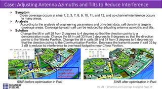 4G LTE – Drivetest and Coverage Analysis| Page 29
Case: Adjusting Antenna Azimuths and Tilts to Reduce Interference
 Symptom
Cross coverage occurs at sites 1, 2, 3, 7, 8, 9, 10, 11, and 12, and co-channel interference occurs
in many areas.
 Analysis
According to the analysis of engineering parameters and drive test data, cell density is large in
coverage areas. Coverage by each cell can be reduced by adjusting antenna azimuths and tilts.
 Solution
Change the tilt in cell 28 from 2 degrees to 4 degrees so that the direction points to a
demonstration route. Change the tilt in cell 33 from 3 degrees to 6 degrees so that the direction
points to the Wanke Pavilion. Change the tilt in cells 50 and 51 from 3 degrees to 6 degrees so
that the direction points to the Communication Pavilion. Decrease the transmit power in cell 33 by
3 dB to reduce its interference to overhead footpaths near China Pavilion.
SINR before optimization in Puxi SINR after optimization in Puxi
Poor signal
quality before
optimization
 