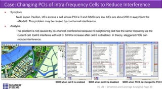 4G LTE – Drivetest and Coverage Analysis| Page 30
Case: Changing PCIs of Intra-frequency Cells to Reduce Interference
 Symptom
Near Japan Pavilion, UEs access a cell whose PCI is 3 and SINRs are low. UEs are about 200 m away from the
eNodeB. This problem may be caused by co-channel interference.
 Analysis
This problem is not caused by co-channel interference because no neighboring cell has the same frequency as the
current cell. Cell 6 interferes with cell 3. SINRs increase after cell 6 is disabled. In theory, staggered PCIs can
reduce interference.
 Solution
Change PCI 6 to PCI 8. Test results show that SINRs increase by about 10 dB.
SINR when cell 6 is enabled SINR when cell 6 is disabled SINR when PCI 6 is changed to PCI 8
 