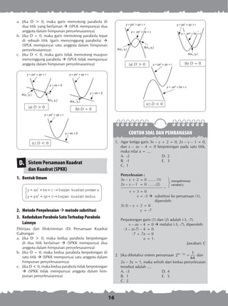 16
a.	 Jika D > 0, maka garis memotong parabola di
dua titik yang berlainan  (SPLK mempunyai dua
anggota dalam himpunan penyelesaiannya)
b.	 Jika D = 0, maka garis memotong parabola tepat
di sebuah titik (garis menyinggung parabola) 
(SPLK mempunyai satu anggota dalam himpunan
penyelesaiannya)
c.	 Jika D < 0, maka garis tidak memotong maupun
menyinggung parabola  (SPLK tidak mempunyai
anggota dalam himpunan penyelesaiannya)
Sistem Persamaan Kuadrat
dan Kuadrat (SPKK)
D.
1.	 Bentuk Umum
y ax bx c
y px qx r
= + + →
= + + →
2
2
bagian kuadratpertam a
bagian kuadratkedua




2.	 Metode Penyelesaian  metode substitusi
3.	 Kedudukan Parabola Satu Terhadap Parabola
Lainnya
Ditinjau dari Diskriminan (D) Persamaan Kuadrat
Gabungan
a.	 Jika D > 0, maka kedua parabola berpotongan
di dua titik berlainan  (SPKK mempunyai dua
anggota dalam himpunan penyelesaiannya)
b.	 Jika D = 0, maka kedua parabola berpotongan di
satu titik  (SPKK mempunyai satu anggota dalam
himpunan penyelesaiannya)
c.	 Jika D < 0, maka kedua parabola tidak berpotongan
 (SPKK tidak mempunyai anggota dalam him­
punan penyelesaiannya)
y = px2
+ qx + r
y = ax + b
B(x2, y2)
A(x1, y1)
y = px2
+ qx + r
y = ax + b
y = px2
+ qx + r
y = ax + b
A(x1, y1)
(a) D > 0 (b) D = 0
(c) D < 0
y = px2
+ qx + r
y = ax2
+ bx + c
B(x2, y2)
A(x1, y1)
y = px2
+ qx + r
y = ax2
+ bx + c
A(x1, y1)
y = px2
+ qx + r
y = ax2
+ bx + c
(a) D > 0 (b) D = 0
(c) D < 0
CONTOH SOAL DAN PEMBAHASAN
1.	 Agar ketiga garis 3x – y + 2 = 0, 2x – y – 1 = 0,
dan x – ay – 4 = 0 berpotongan pada satu titik,
maka nilai a = ....
A.	 -2	 D.	2
B.	 -1	 E.	 3
C.	 1
Penyelesaian :
3x – y + 2	= 0 ……. (1)
2x – y – 1	 = 0 …….(2)
–
x + 3	= 0
x	= -3 	 substitusi ke persamaan (1),
		 diperoleh:
3(-3) – y + 2	= 0
y	= -7
Perpotongan garis (1) dan (2) adalah (-3, -7).
	 x – ay – 4	= 0 à melalui (-3, -7), diperoleh:
	 -3 – a(-7) – 4	= 0
	 -7 + 7a	= 0
	 a	= 1.
Jawaban: C
2.	 Jika diketahui sistem persamaan 3 2 1
2
64
x y−
= dan
	 2x – 3y = 1, maka selisih dari kedua penyelesaian
tersebut adalah ....
A.	 -3	 D.	4
B.	 1	 E.	 5
C.	 2
mengeliminasi
variabel y
 