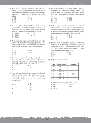 37
	 2.	 Nilai rata-rata ulangan matematika dari 38 siswa
adalah 74. Jika nilai Rahma dan Aulia digabungkan
dengan kelompok tersebut, maka nilai rata-ratanya
menjadi 75. Nilai rata-rata Rahma dan Aulia
adalah ....
A.	 92	 D.	98
B.	 94	 E.	 100
C.	 96
	 3.	 Rata–rata hitung tinggi badan sembilan orang
siswa adalah 155 cm. Jika ditambah seorang siswa
baru maka rata–rata hitung tinggi badan menjadi
156 cm. Tinggi badan siswa baru itu adalah ….
A.	 160 cm	 D.	175 cm
B.	 165 cm	 E.	 180 cm
C.	 170 cm
	 4.	 Nilai rata-rata ulangan matematika dari suatu kelas
adalah 6,9. Jika dua siswa baru yang nilainya 4 dan
6 digabungkan, maka nilai rata-rata kelas tersebut
menjadi 6,8. Banyaknya siswa semula adalah . . .
.
A.	 16	 D.	40
B.	 20	 E.	 50
C.	 36
	 5.	 Suatu data dengan rata-rata 16 dan jangkauan 6.
Jika setiap nilai dalam data dikalikan m kemudian
dikurangi n didapat data baru dengan rata-rata 20
dan jangkauan 9. Nilai dari 10m – 3n = ....
A.	 2	 D.	5
B.	 3	 E.	 6
C.	 4
	 6.	 Nilai rata-rata ulangan kelas A adalah dan kelas B
adalah. Setelah kedua kelas digabung nilai rata-
ratanya adalah . Jika : = 10 : 9 dan : = 85 : 81,
maka perbandingan banyaknya siswa di kelas A
dan B adalah . . . .
A.	
1
5
	 D.	
4
5
B.	
2
5
	 E.	
2
7
C.	
3
5
	 7.	 Nilai rata-rata dari 20 bilangan adalah 14,2. Jika
rata-rata dari 12 bilangan pertama adalah 12,6
dan rata-rata dari 6 bilangan berikutnya adalah
18,2 maka rata-rata dari 2 bilangan terakhir adalah
....
A.	 10,8	 D.	13,8
B.	 11,8	 E.	 14,8
C.	 12,8
	 8.	 Pada ulangan matematika, diketahui nilai rata-rata
kelas adalah 58. Jika rata-rata nilai matematika
untuk siswa prianya adalah 65 sedang untuk siswa
wanita rata-ratanya 54, maka perbandingan jumlah
siswa pria dan wanita pada kelas itu adalah ….
A.	 1 : 2	 D.	4 : 5
B.	 2 : 5	 E.	 4 : 7
C.	 3 : 4
	 9.	 Peserta ujian matematika terdiri dari 40 orang
siswa kelas A, 30 orang siswa kelas B, dan 30
orang siswa kelas C. Nilai rata-rata seluruh siswa
7,2 , nilai rata-rata kelas B dan C adalah 7,0. Maka
nilai rata-rata kelas A adalah . . . .
A.	 8	 D.	9,5
B.	 8,5	 E.	 10
C.	 9
10.	 Perhatikan data berikut!
No Berat Badan Frekuensi
1 50 – 54 4
2 55 – 59 6
3 60 – 64 8
4 65 – 69 10
5 70 – 74 8
6 75 – 79 4
Kuartil atas dari data pada tabel adalah ....
A.	 60,5	 D.	70,75
B.	 60,75	 E.	 75,5
C.	 70,5
 