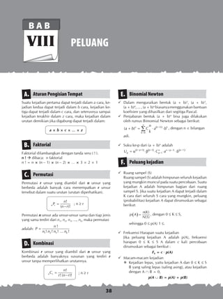 38
PELUANG
B A B
VIII
Binomial NewtonE.
	Dalam menguraikan bentuk (a + b)2
, (a + b)3
,
	 (a + b)4
, ... , (a + b)n
biasanyamenggunakan bantuan
koefisien yang dihasilkan dari segitiga Pascal.
	Penjabaran bentuk (a + b)n
bisa juga dilakukan
oleh rumus Bimomial Newton sebagai berikut:
	 ( )−
=
+ = ⋅ ⋅∑0
( )
n
n kn k
k
n
a b C a b
k
, dengan n ∈ bilangan
	 asli.
	Suku ke-p dari (a + b)n
adalah
	 ( ) ( ) ( )− + − −− −
−= α ⋅β ⋅ ⋅ ⋅1 1 1( 1)
1
n p p pn n p
p pU C a b
Peluang kejadianF.
	Ruang sampel (S)
	 Ruang sampel (S) adalah himpunan seluruh kejadian
yang mungkin muncul pada suatu percobaan. Suatu
kejadian A adalah himpunan bagian dari ruang
sampel S. Jika suatu kejadian A dapat terjadi dalam
K cara dari seluruh S cara yang mungkin, peluang
(probabilitas) kejadian A dapat dirumuskan sebagai
berikut:
		
( ) =
( )
( )
n K
p A
N S
, dengan 0  K  S,
		 sehingga 0  p(A) 1 .
	Frekuensi Harapan suatu kejadian
	 Jika peluang kejadian A adalah p(A), frekuensi
harapan 0  K  S A dalam c kali percobaan
dirumuskan sebagai berikut :
Fh = c · p(A)
	Macam-macam kejadian
	Kejadian lepas, yaitu kejadian A dan 0  K  S
B yang saling lepas (saling asing), atau kejadian
dengan A ∩ B = 0,	
p(A ∪ B) = p(A) + p(B)
Aturan Pengisian TempatA.
Suatu kejadian pertama dapat terjadi dalam a cara, ke-
jadian kedua dapat terjadi dalam b cara, kejadian ke-
tiga dapat terjadi dalam c cara, dan seterusnya sampai
kejadian terakhir dalam z cara, maka kejadian dalam
urutan demikian jika digabung dapat terjadi dalam:
a × b × c × … × z
FaktorialB.
Faktorial dilambangkan dengan tanda seru ( ! ).
n !	 dibaca: n faktorial
n ! = n × (n – 1) × (n – 2) × … × 3 × 2 × 1
PermutasiC.
Permutasi r unsur yang diambil dari n unsur yang
berbeda adalah banyak cara menempatkan r unsur
tersebut dalam suatu urutan (urutan diperhatikan).
=
−
!
( )!n r
n
P
n r
; n  r
Permutasi n unsur ada unsur-unsur sama dan tiap jenis
yang sama terdiri dari n1, n2, n3, ..., nk, maka permutasi
adalah: =
1 2 3
!
! ! ! ... !k
n
P
n n n n
KombinasiD.
Kombinasi r unsur yang diambil dari n unsur yang
berbeda adalah banyaknya susunan yang terdiri r
unsur tanpa memperlihatkan urutannya.
=
−
!
! ( )!n r
n
C
r n r
	 ; n  r
 