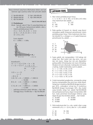 65
Biaya minimal yang harus dikeluarkan dalam satu kali
vaksinasi agar ayamnya tahan dari penyakit adalah
….
A.	 Rp300.000,00	 D.	Rp1.200.000,00
B.	 Rp600.000,00	 E.	 Rp1.800.000,00
C.	 Rp750.000,00
(Soal UN Tahun 2007 tipe A)
 Pembahasan:
Misal:	 banyak vaksin P dan N yang diperlukan un-
tuk 100 ayam, berturut-turut adalah x dan y.
-	 Sistem pertidaksamaan linier:
(1) x + 3y 0 ,12( ,)4 ,0( ® 12 )
(2) 	3x + y 0 ,4( ,)12 ,0( ® 12 )
(3)	 x 0 , y 0 
	 Funsi objektif :
	 K = 1.000x + 1.500y
Koordinat B :
3x + y = 12 x 3 	9x + 3y	 = 36
x + 3y = 12 x 1 	 x + 3y	 = 12
	 –
	 8x	 = 24
	 x	 = 3
3.(3) +	y = 12
	 y = 3
 B (3, 3)
A (0, 12)	® K	= 1.000(0) + 1.500(12)
		 = 18.000
B (3, 3)	 ® K = 1.000(3) + 1.500(3)
		 = 7.500
C (12, 0)	® K = 1.000(12) + 1.500(0)
		 = 12.000
-	 jadi biaya minimum untuk 100 ekor = Rp7.500
-	 sehingga biaya 10.000 ekor = Rp750.000,00
Jawaban : C
LATIHAN SOAL
	 1.	 Dari sistem pertidaksamaan linear,
		 x + y ≤ 50, x – 2y ≥ -40, x ≥ 0, dan y≥0, maka
nilai maksimum dari adalah ….
A.	 0	 D.	210
B.	 100	 E.	 300
C.	 150
	 2.	 Pada gambar di bawah ini, daerah yang diarsir
merupakan grafik himpunan penyelesaian sistem
pertidaksamaan linear. Nilai maksimum dari ben-
tuk obyektif 5x+y dengan x,y  C pada himpunan
penyelesaian itu, adalah ….
A.	 2
B.	 10
C.	 24
D.	26
E.	 30
	 3.	 Suatu pabrik roti memproduksi 120 kaleng roti
setiap hari. Roti terdiri dari dua jenis, roti asin
dan roti manis. Setiap hari roti asin diproduksi
paling sedikit 30 kaleng dan roti manis 50 kaleng.
Misakan roti asin sebanyak x kaleng dan roti manis
y kaleng, model matematika soal ini adalah ….
A.	 x – y=120, x≥30, y≥50
B.	 x+y=120, x30, y≥50
C.	 x+y=120, x≥30, y50
D.	x+y=120, x30, y50
E.	 x+y=120,x ≥ 30, y≥50
	 4.	 Untuk menambah penghasilan, seorang ibu setiap
harinya memproduksi dua jenis kue untuk dijual.
Setiap kue I modalnya Rp200,00 dengan keuntun-
gan 40%, sedangkan setiap kue II modalnya
Rp300,00 dengan keuntungan 30%. Jika modal
yang tersedia setiap hari adalah Rp100.000,00
dan paling banyak hanya dapat memproduksi 400
kue, maka persentase keuntungan terbesar yang
dapat dicapai ibu tersebut adalah ... dari modal.
A.	 30.000	 D.	50.000
B.	 32.000	 E.	 60.000
C.	 34.000
	 5.	 Nilai maksimum dari 5 45x y+ untuk x dan y yang
memenuhi y 0 , x + 2y 6 , dan 3x + y 8  adalah
….
A.	 30	 D.	100	
B.	 60	 E.	 110
C.	 90
 