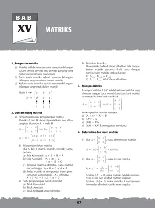 67
MATRIKS
B A B
XV
1.	 Pengertian matriks
a)	 Matriks adalah susunan suatu kumpulan bilangan
dalam bentuk persegi atau persegi panjang yang
diatur menurut baris dan kolom
b)	 Baris suatu matriks adalah susunan bilangan-
bilangan yang mendatar dalam matriks
c)	 Kolom suatu matriks adalah susunan bilangan-
bilangan yang tegak dalam matriks
2.	 Operasi hitung matriks
a)	 Penjumlahan atau pengurangan matriks
	 Matriks A dan B dapat dijumlahkan atau diku­
rangkan jika ordo A = ordo B
A = dan B =
A + B =
a b c
d e f
p q r
s t u
a p b q c r
d s












+ + +
+ ee t f u+ +






1)	 Sifat penjumlahan matriks
	 Jika A dan B matriks-matriks berordo sama,
berlaku:
(a)	Sifat Komutatif:	 A + B = B + A
(b)	Sifat Asosiatif:	 (A + B) + C
		 = A + (B + C)
(c)	Terdapat matriks Identitas, yaitu matriks
nol, sehingga: A + 0 = 0 + A = A
(d)	Setiap matriks A mempunyai invers pen­
jumlahan yaitu matriks –A , sehingga:
	 A + ( –A ) = ( –A ) + A = 0
2)	 Pada pengurangan matriks bersifat:
(a)	Tidak Komutatif
(b)	Tidak Asosiatif
(c)	Tidak terdapat unsur Identitas
b)	 Perkalian Matriks
	 Dua matriks A dan B dapat dikalikan bila banyak
kolom matriks pertama (kiri) sama dengan
banyak baris matriks kedua (kanan)
1)	 Am x n . Bn x k = Cm x k
2)	 Bn x k . Am x n tidak dapat dikalikan
3.	 Transpos Matriks
Transpos matriks A ( At
) adalah sebuah matriks yang
disusun dengan cara menuliskan baris ke-I matriks
A menjadi kolom ke-I matriks At
.
A = A =t
a b c
d e f
a d
b e
c f





 →










Beberapa sifat matriks transpos:
a)	 (A + B)t
= At
+ Bt
b)	 ( At
)t
= A
c)	 (AB)t
= Bt
At
d)	 (KA)t
= KAt
, k merupakan konstanta
4.	 Determinan dan invers matriks
1)	 Jika A =
a b
c d





 , maka determinan matriks
	 A = |A|=
a b
c d
ad bc





 = −
2)	 Jika A =
a b
c d





 , maka invers matriks
	 A = A =
|A|
=−
−
−






1 1 d b
c a
	 Apabila |A| = 0, maka matriks A tidak mempu-
nyai invers dan disebut matriks singular.
	 Apabila |A|≠ 0, maka matriks A mempunyai
invers dan disebut matriks non singular.
Baris 1 	 a	 b	 c
2 	 d	 e	 f
	 	 	
	 1	 2	 3
 