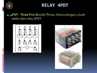 4. 4PDT - Three Pole Double Throw. Setara dengan 4 buah
saklar atau relay SPDT.
RELAY 4PDT
 